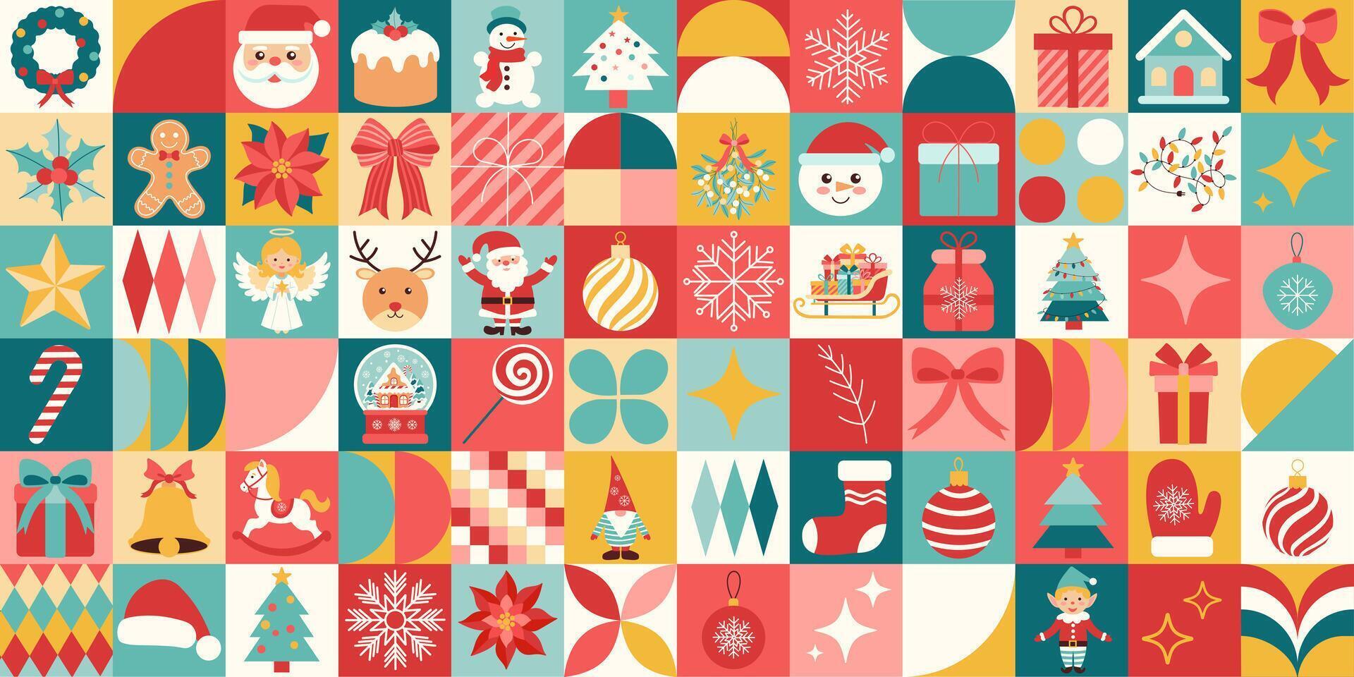 Christmas geometric pattern. Bauhaus style. The image is a collage of various Christmas symbols, including Santa Claus vector