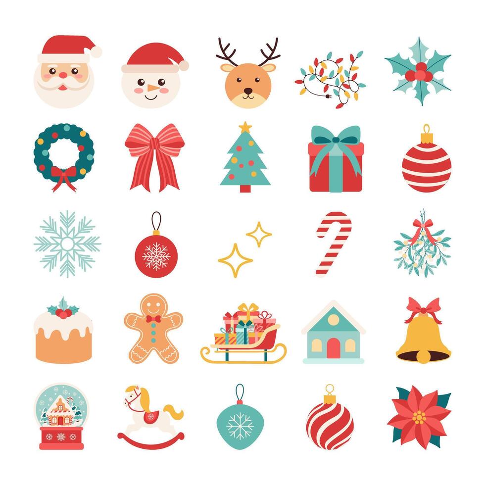A collection of Christmas-themed icons, including Santa Claus, reindeer, Christmas trees, and presents vector