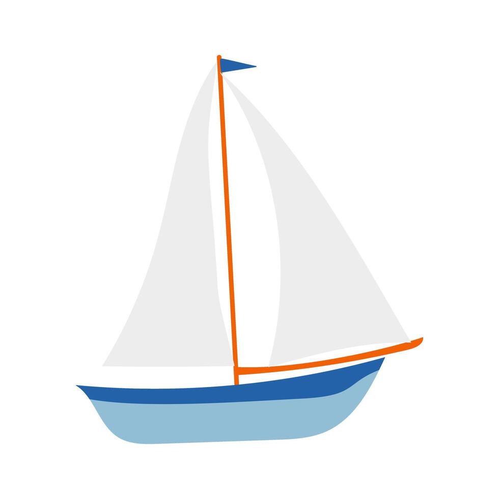 A small white and blue sailboat with a blue flag on the mast. The boat is floating on a blue ocean vector