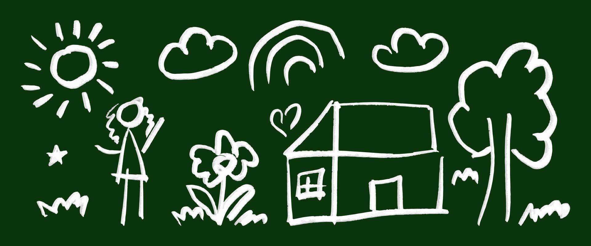 A drawing of a house, a tree, and a woman with a brush vector
