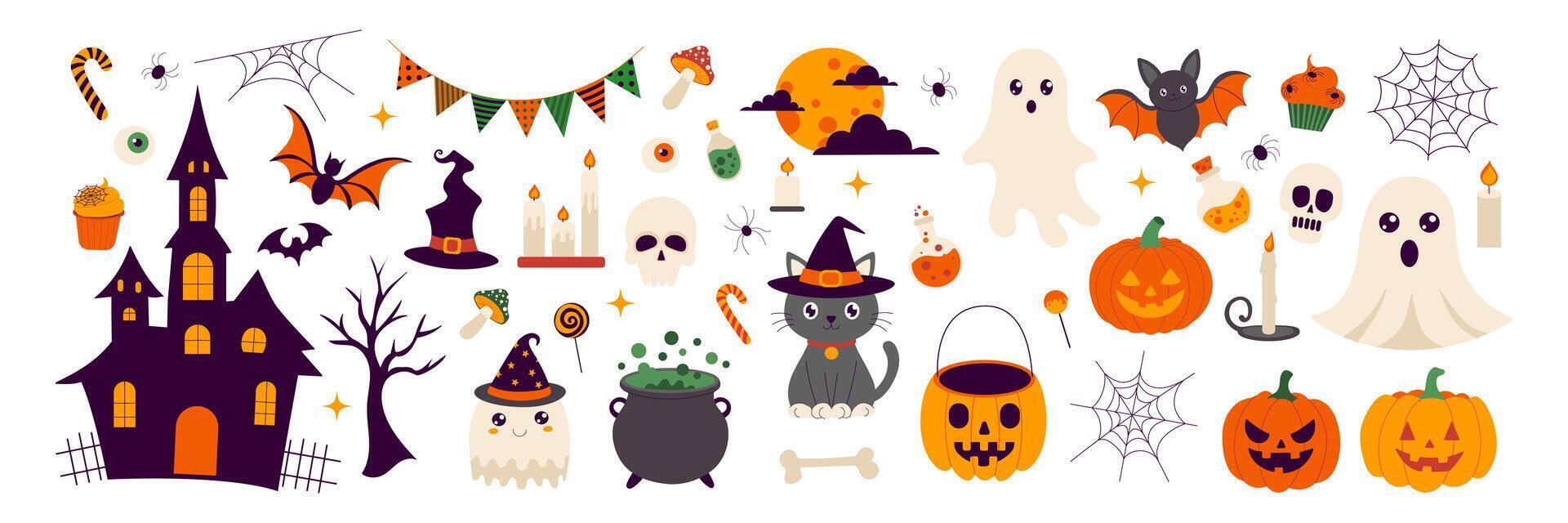 Halloween themed images including a witch, skeleton, pumpkin, and bat. The image is a collection of Halloween-themed graphics vector