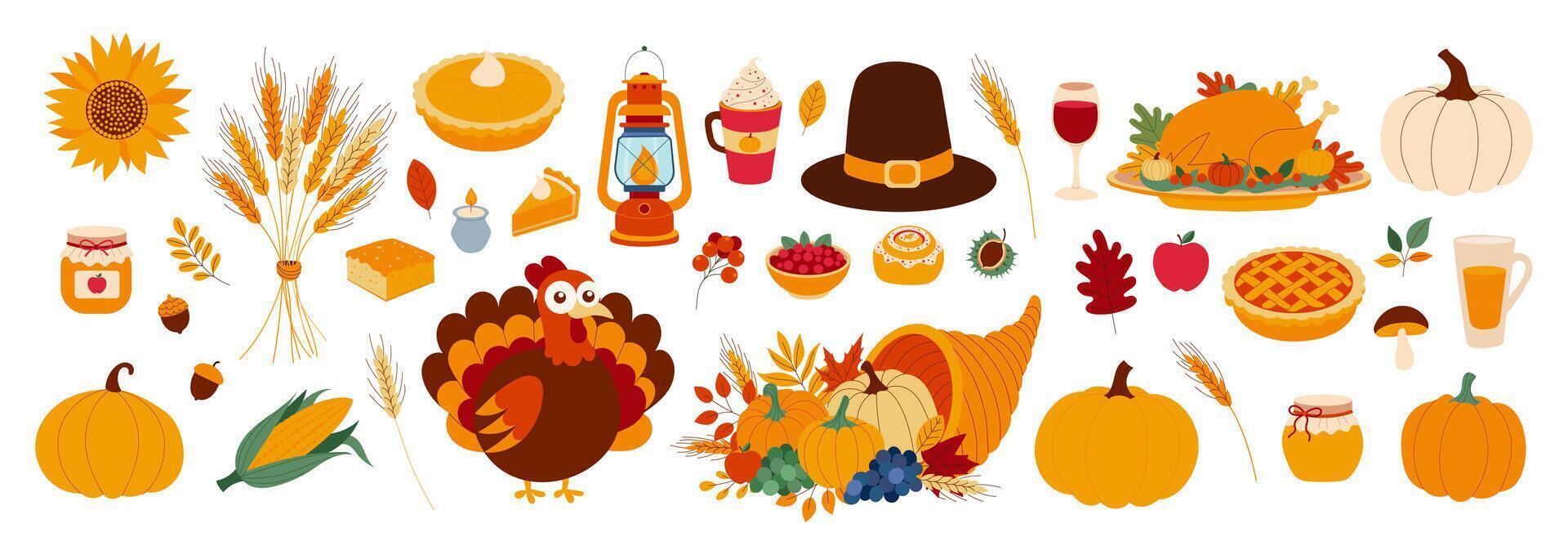 A colorful image of a Thanksgiving table with various foods and decorations. The table is filled with pies, apples, corn, and other fall foods. There is a pumpkin, a turkey, and a lantern on the table vector