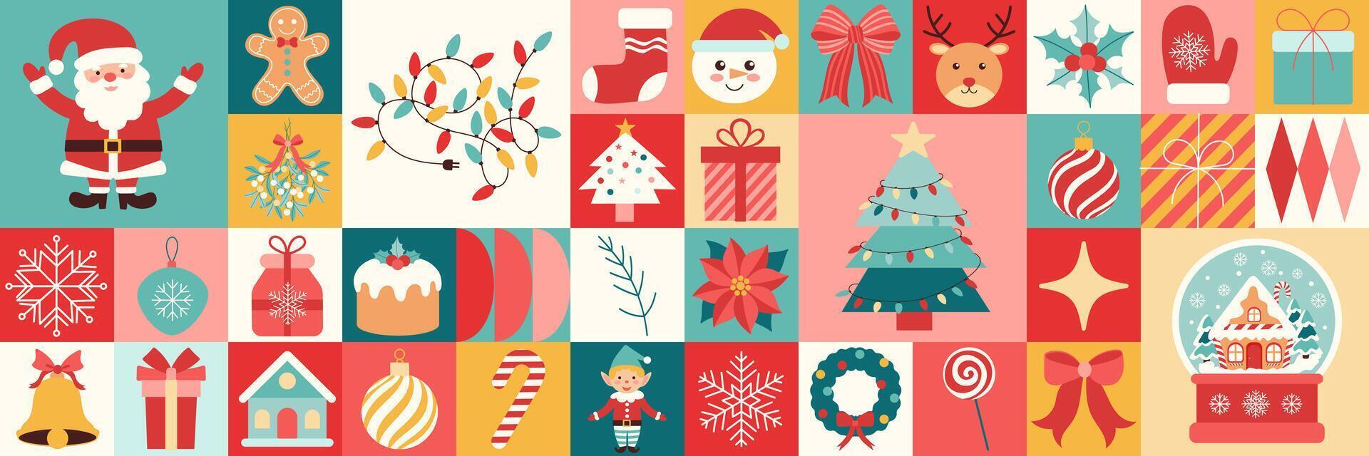 Christmas icons elements with geometric pattern. The image is a collage of various Christmas symbols, including a Santa Claus, a Christmas tree vector