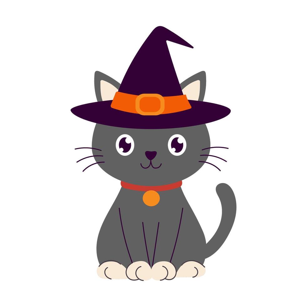Halloween cat wearing witch hat. The cat is sitting on a white background. The cat has a happy expression on its face vector
