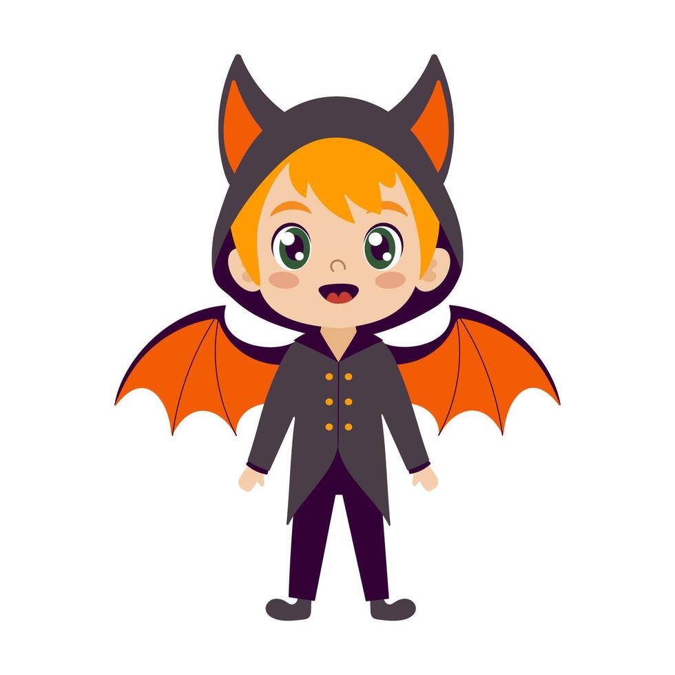 A cartoon boy in a bat costume is smiling and looking up at the camera. The image is a Halloween-themed drawing of a child dressed as a bat vector