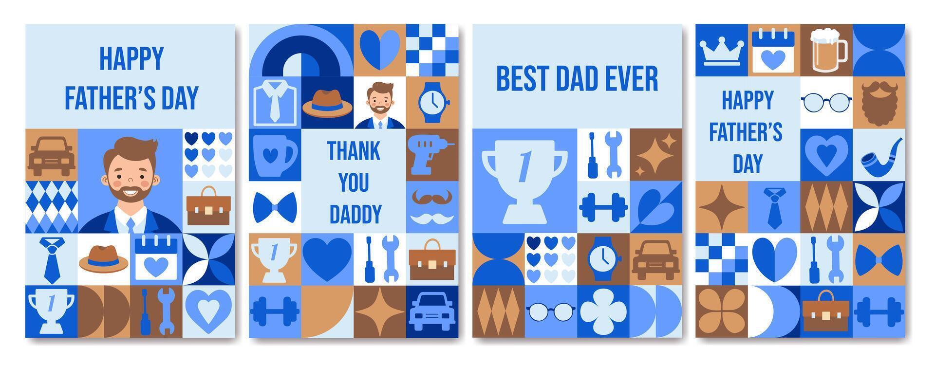 Happy Father's Day greeting cards with geometric pattern. Bauhaus style vector