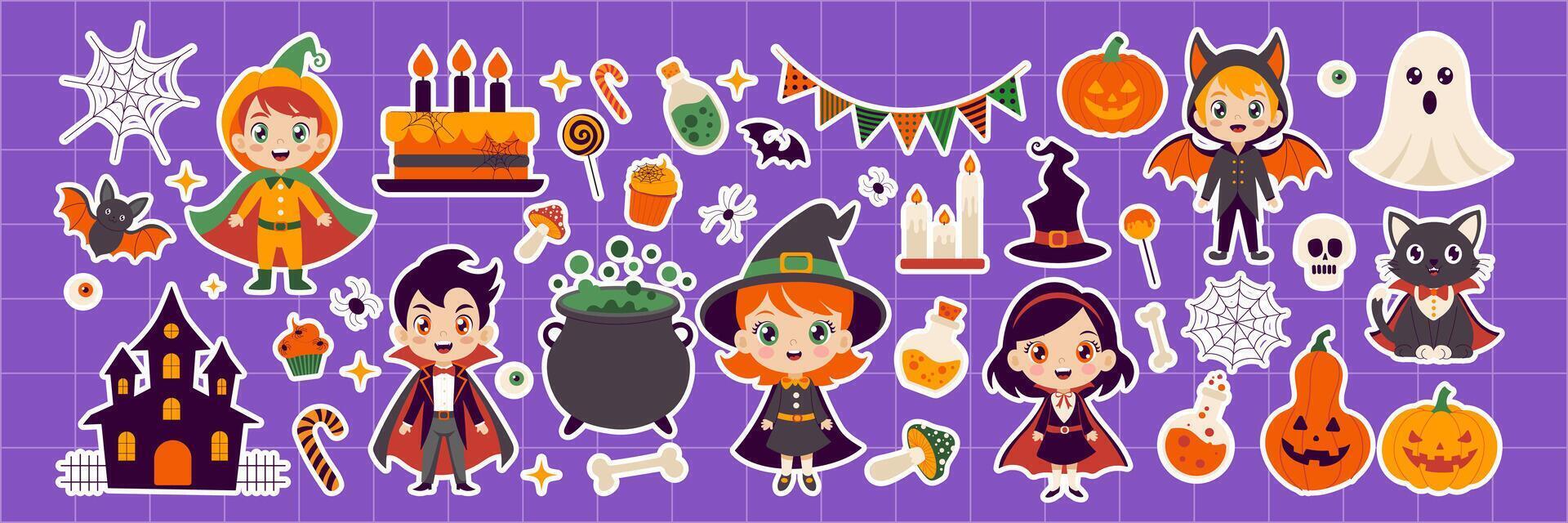 A collection of Halloween stickers featuring various characters and objects such as witches, pumpkins, and ghosts vector