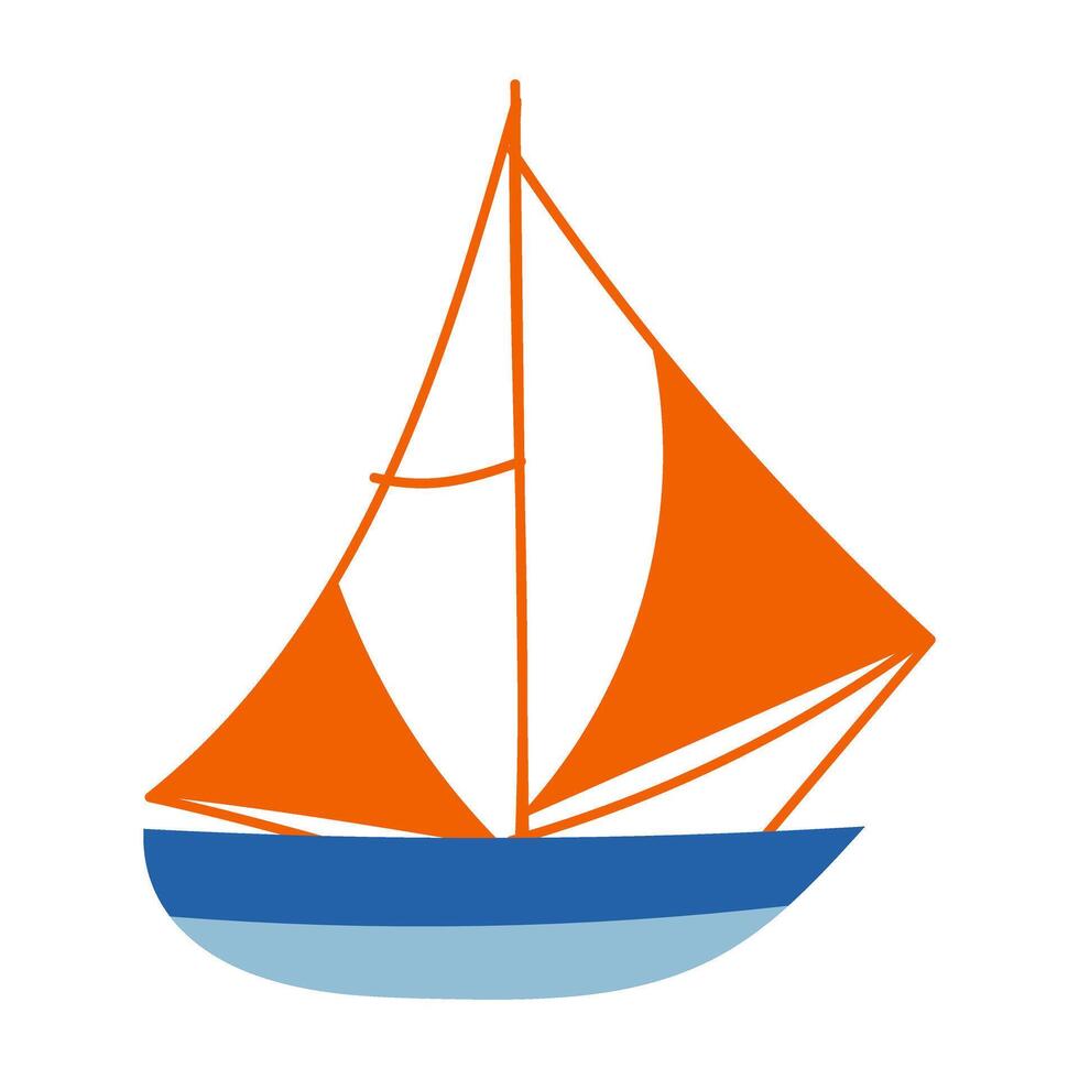 A cartoon drawing of a sailboat with a blue and orange stripe. The boat is on a white background vector