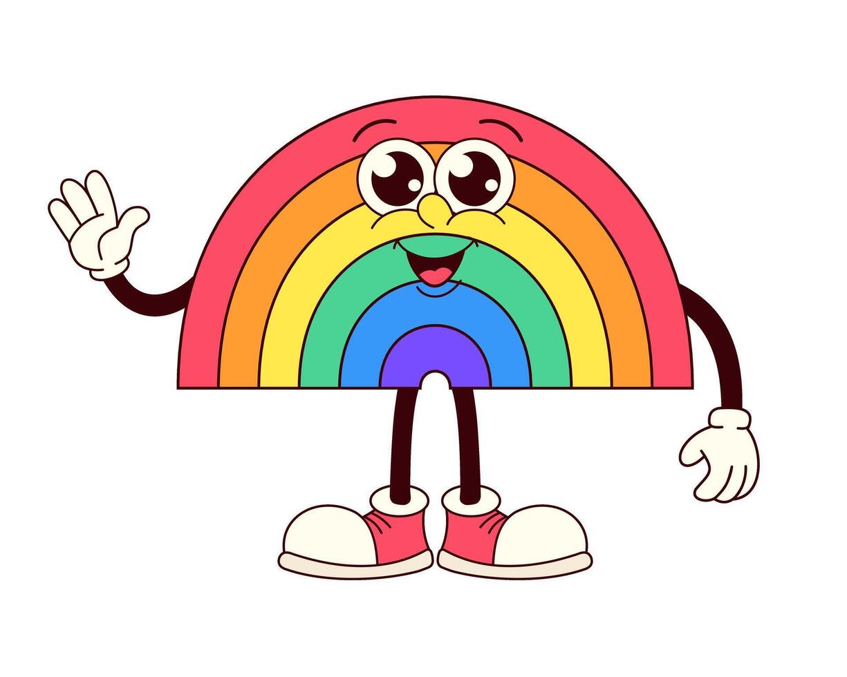 A rainbow character is waving to the camera. The rainbow is colorful and has a happy expression. The character is wearing red shoes and white socks vector