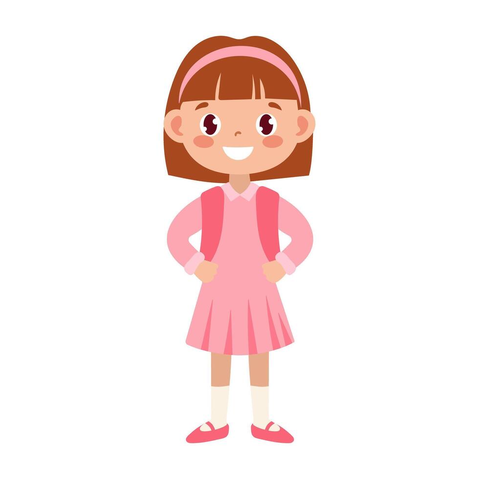 A girl in a pink dress is standing with her arms crossed. She is smiling and looking at the camera vector
