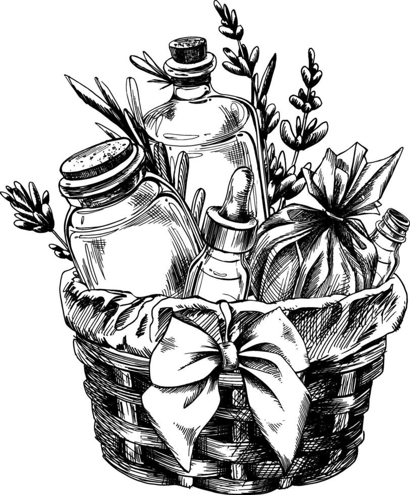 Handmade lavender cosmetics, jars, bath bomb, serum flowers and leaves, in a wicker basket decorated with a bow. Illustration hand drawn graphic line art black and white ink. Sublimation arrangement. vector