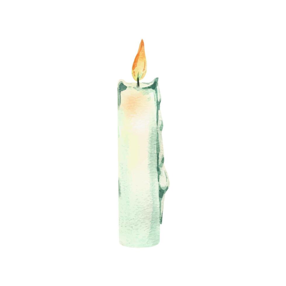 Wax candle white, beige, blue tall with wax drips and burning flame orange and yellow. Watercolor illustration hand-drawn. Separate object isolated from the background. vector