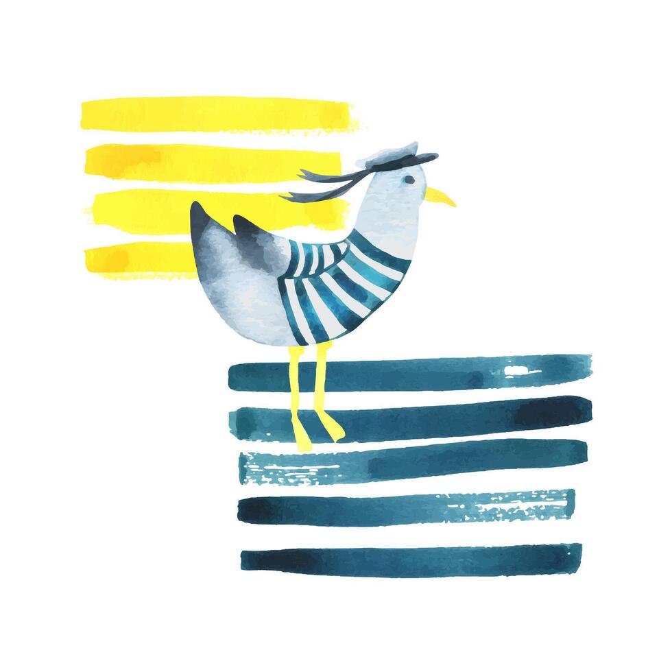 A sea seagull in a vest and a sailor cap against a background of blue and yellow stripes. Watercolor illustration, hand drawn, in a children s, style. An isolated composition on a white background. vector