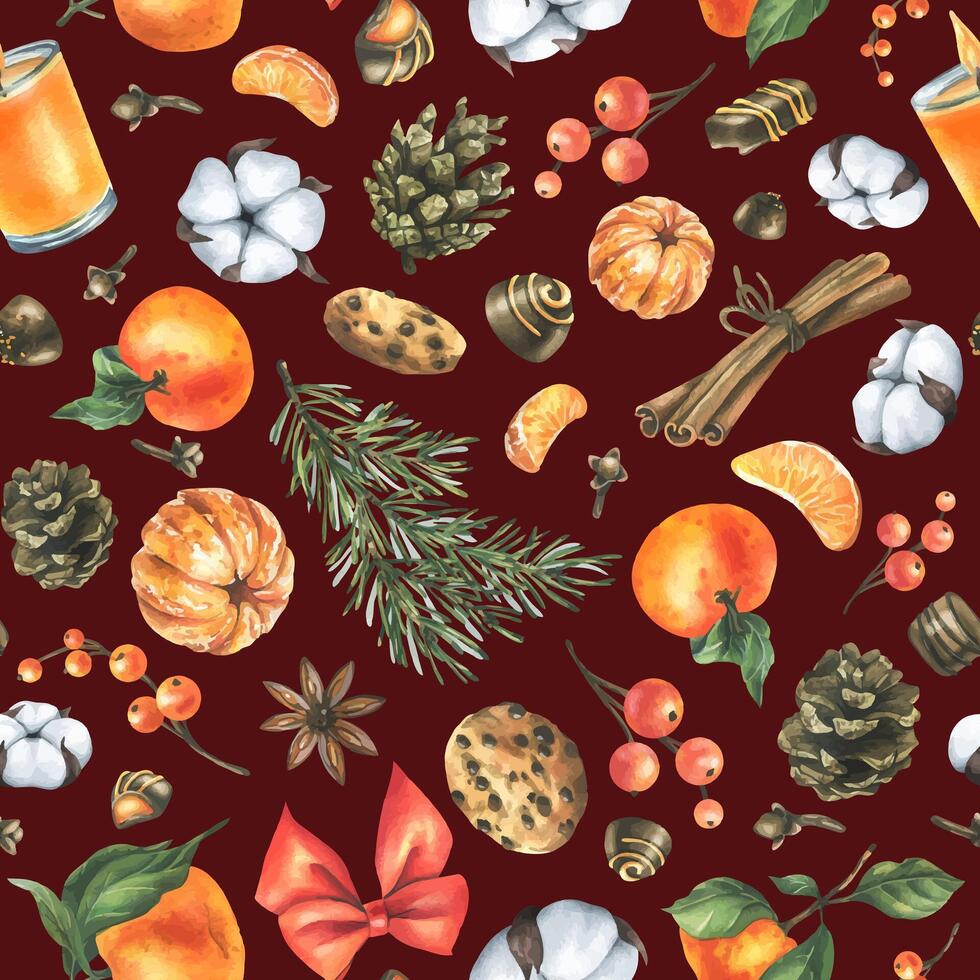Orange whole and peeled tangerines with candles, pine branch and cone, cotton, spice leaves, cookies and chocolates. Watercolor illustration, hand drawn. Seamless pattern on a burgundy background. vector