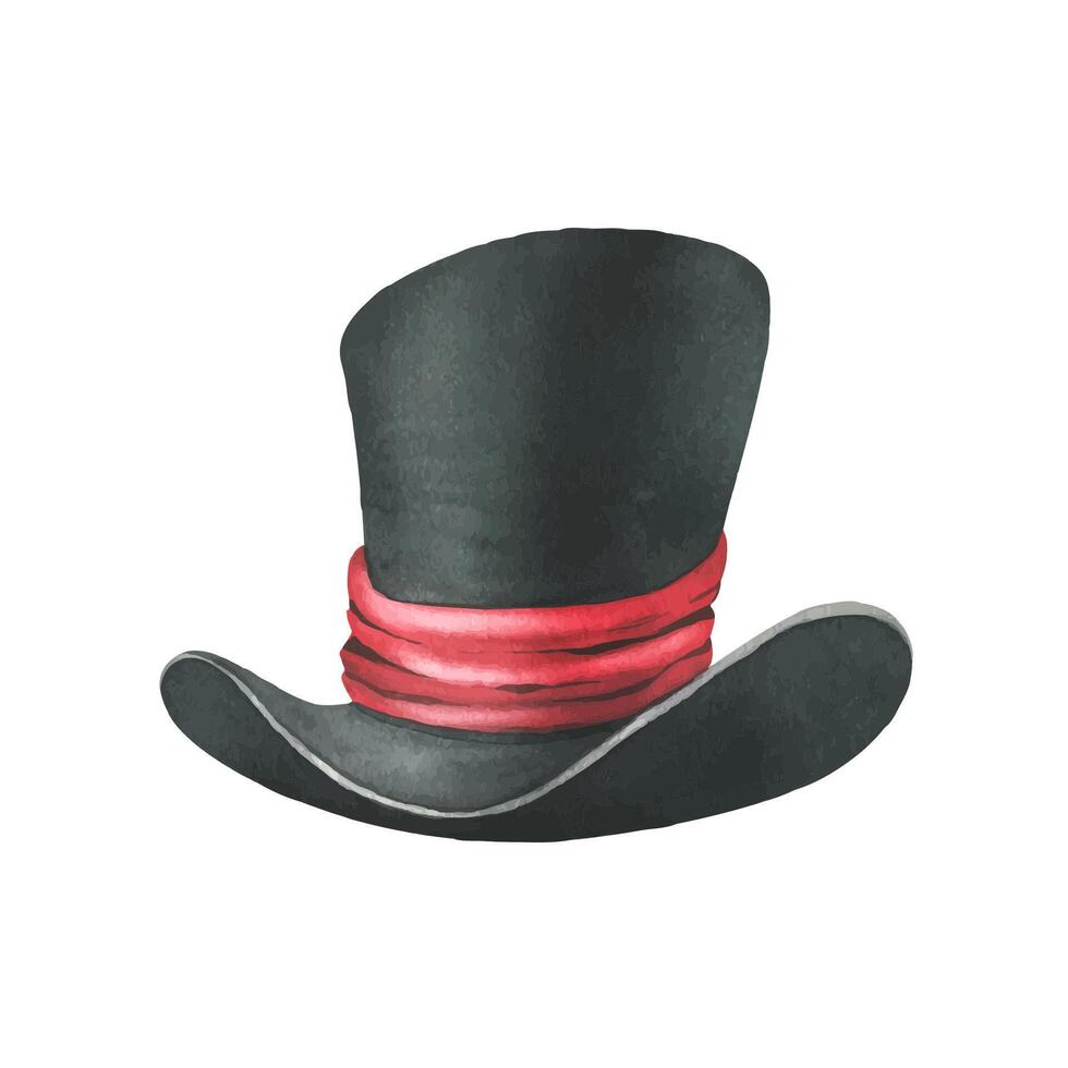 Black top hat with red satin ribbon. Watercolor illustration, hand drawn. Isolated element on a white background. vector
