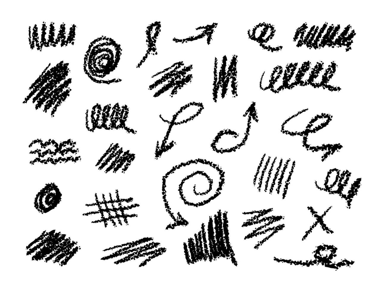 Hand drawn pencil lines, zigzags, waves, arrows. charcoal smears. Underline pen set. Doodle crayon style sketch lines. Horizontal wavy strokes with rough edges. vector