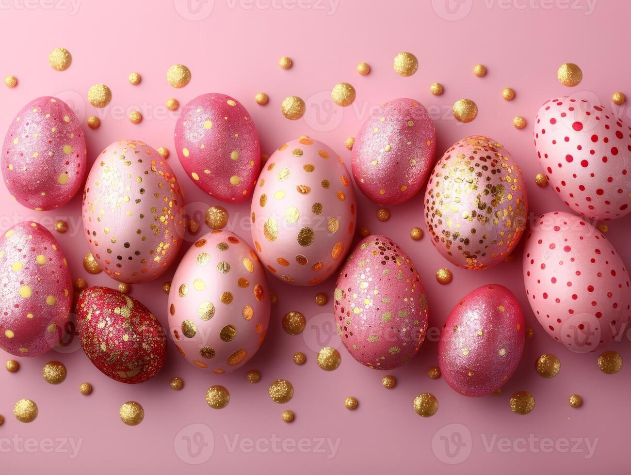 Pink and Golden Easter Eggs Background. Holiday Minimal Aesthetic Wallpaper with Easter Eggs and Copy Space.. photo