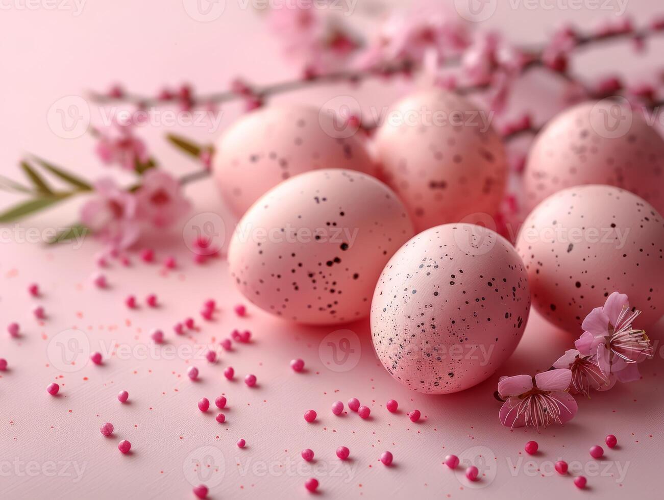 Pink and Golden Easter Eggs Background. Holiday Minimal Aesthetic Wallpaper with Easter Eggs and Copy Space.. photo