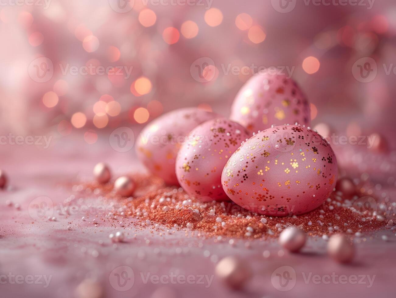 Pink and Golden Easter Eggs Background. Holiday Minimal Aesthetic Wallpaper with Easter Eggs and Copy Space.. photo