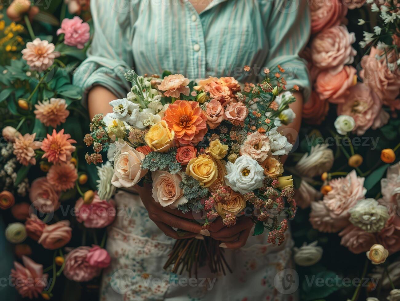 Florist woman creating flower arrangement, florist hands making flower bouquet on table surface. photo