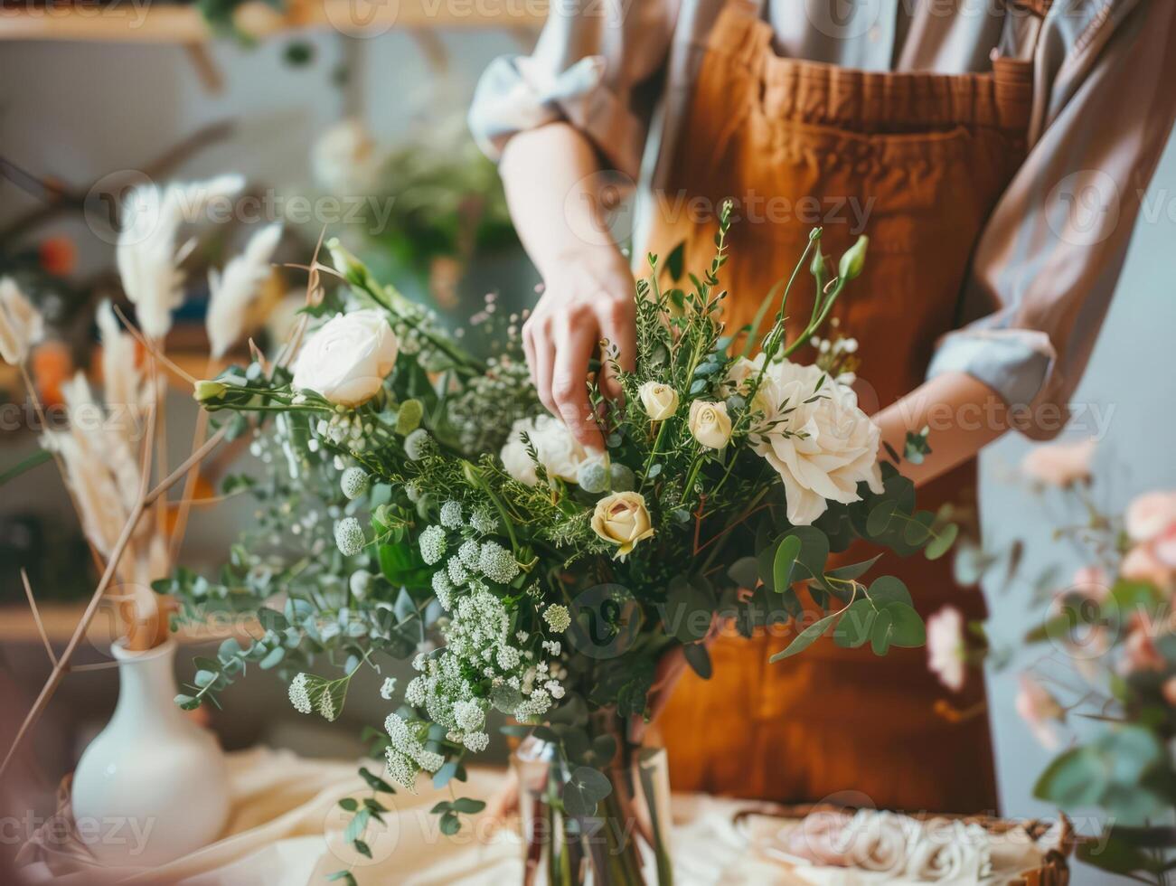 Florist woman creating flower arrangement, florist hands making flower bouquet on table surface. photo