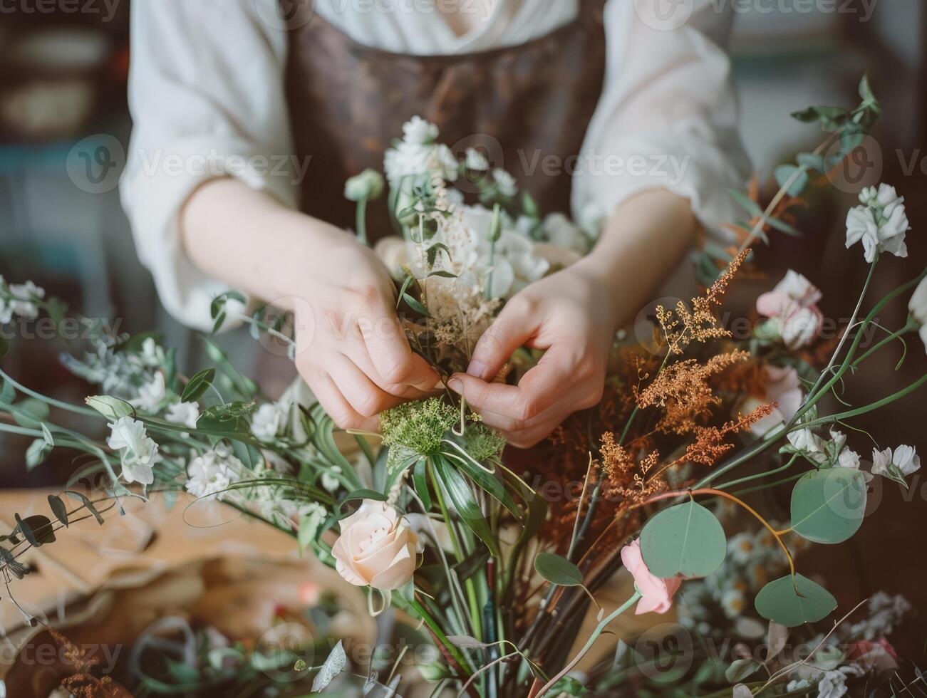 Florist woman creating flower arrangement, florist hands making flower bouquet on table surface. photo