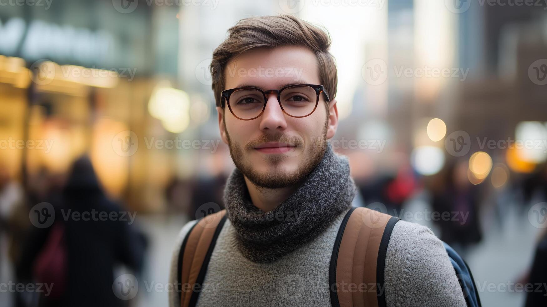 Young man wearing glasses and a scarf smiles confidently while walking in a busy urban area during sunset photo