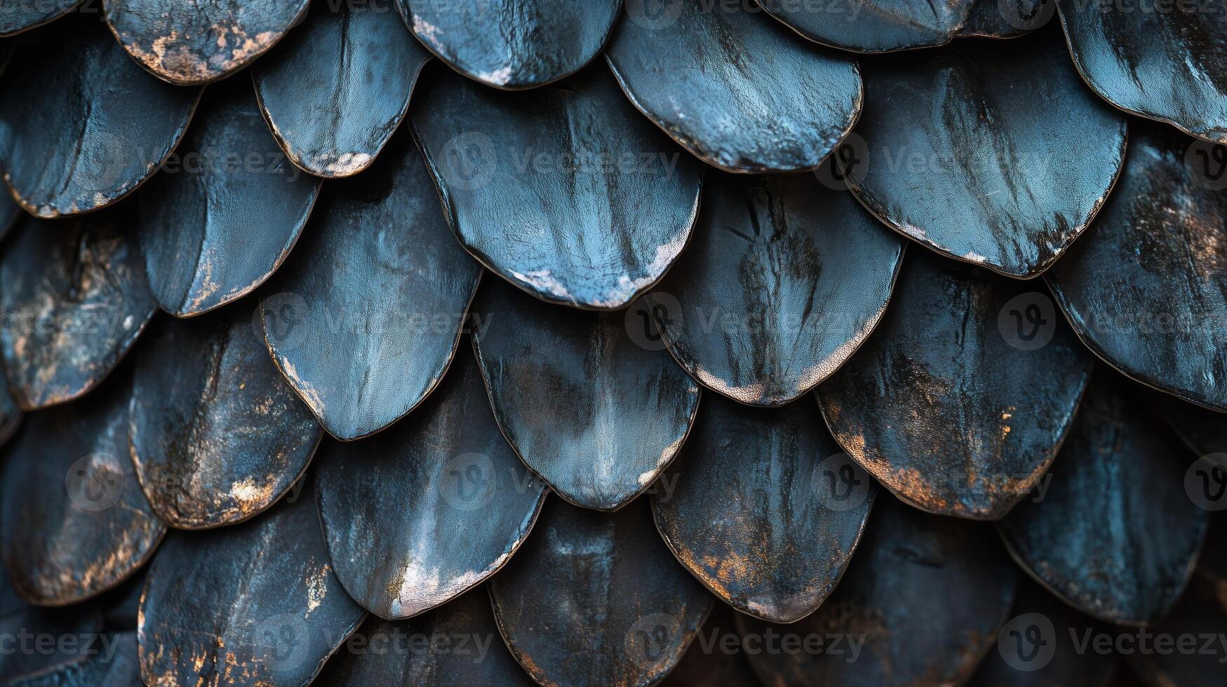 Intricate detail of dark blue scales arranged in overlapping patterns for artistic texture and depth in natural forms photo