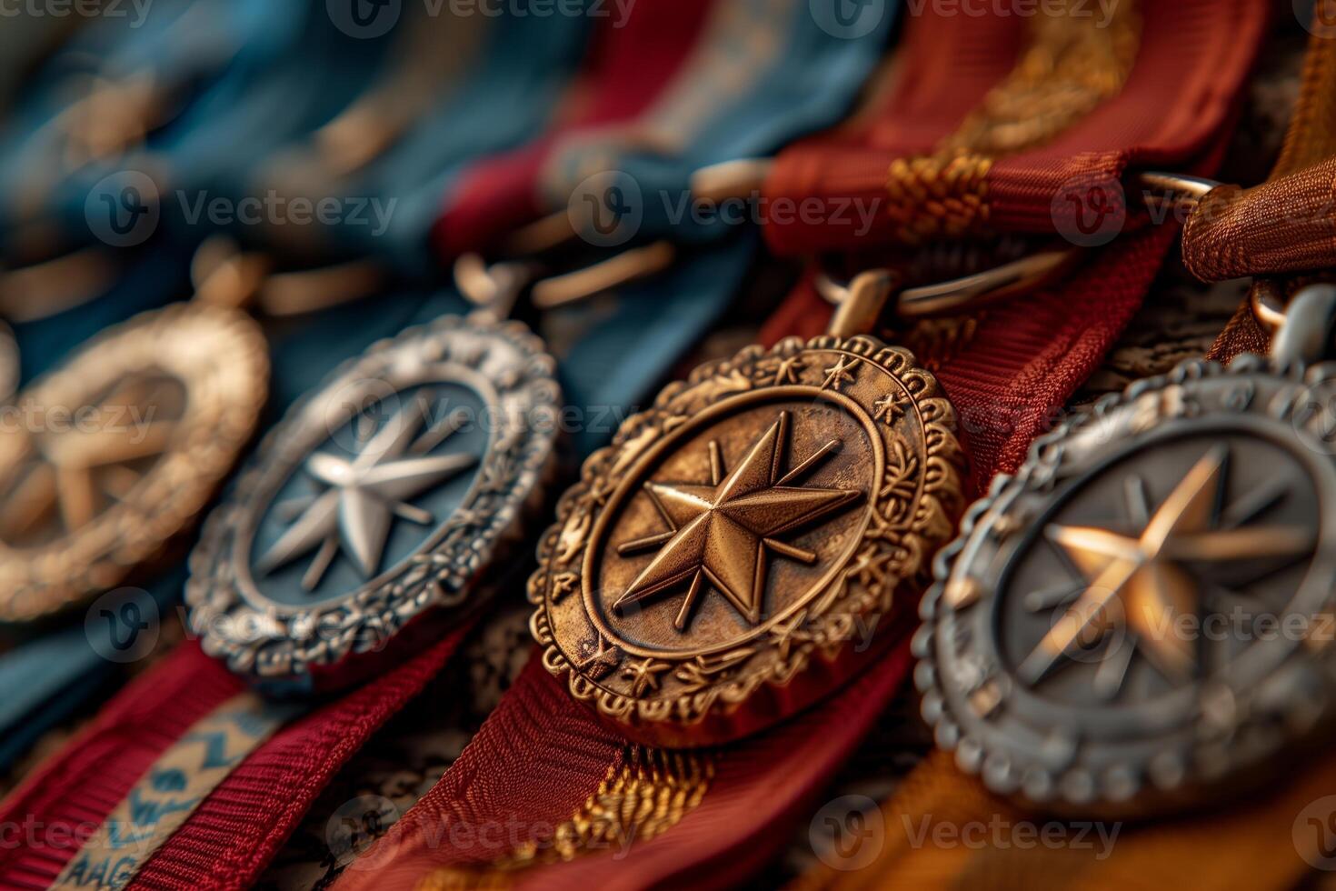 Medals displayed in a row showcasing intricate designs and vibrant ribbons, representing various achievements from different events photo