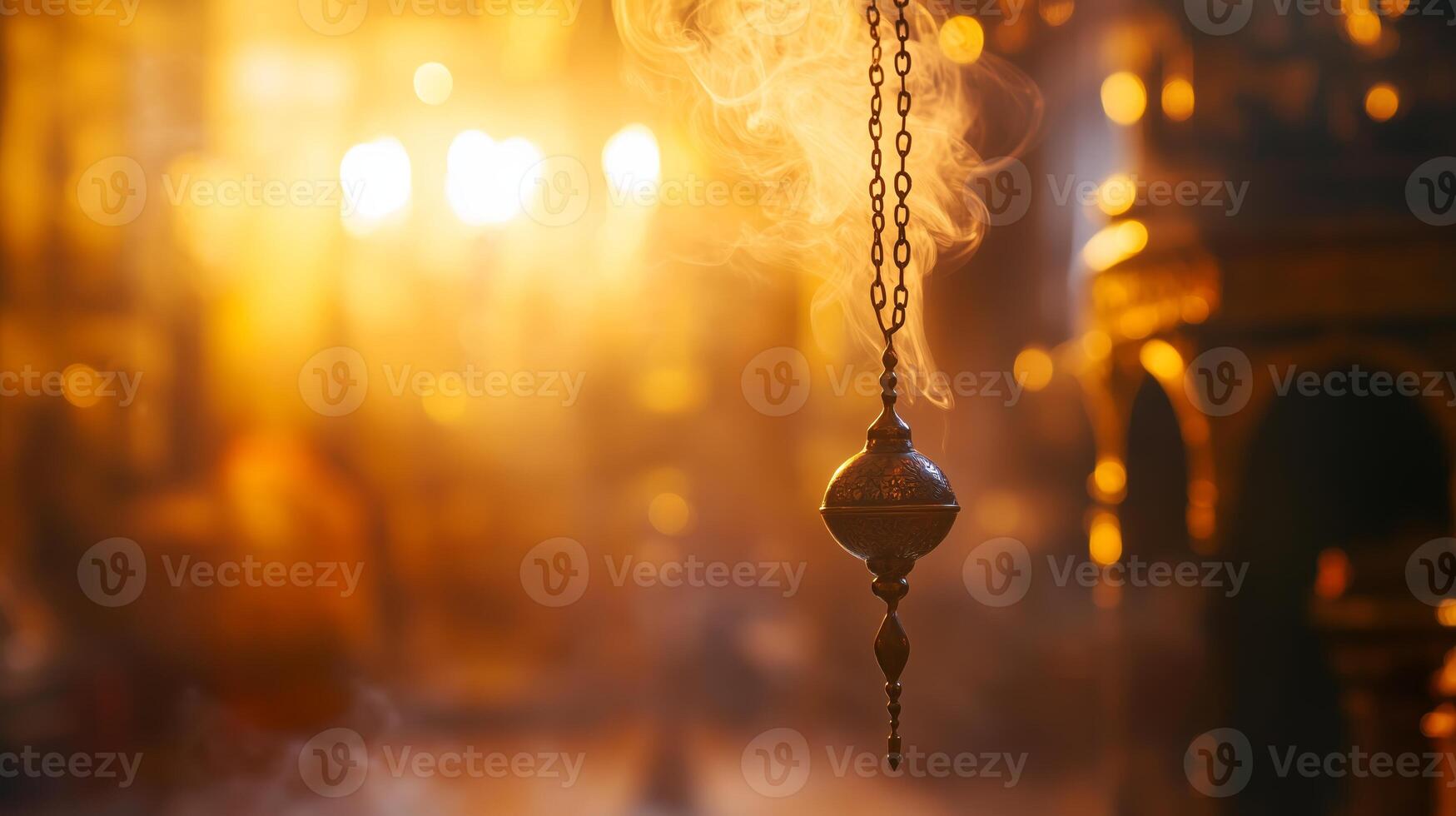 An ornate incense burner releasing fragrant smoke in a softly lit temple during an evening prayer session photo