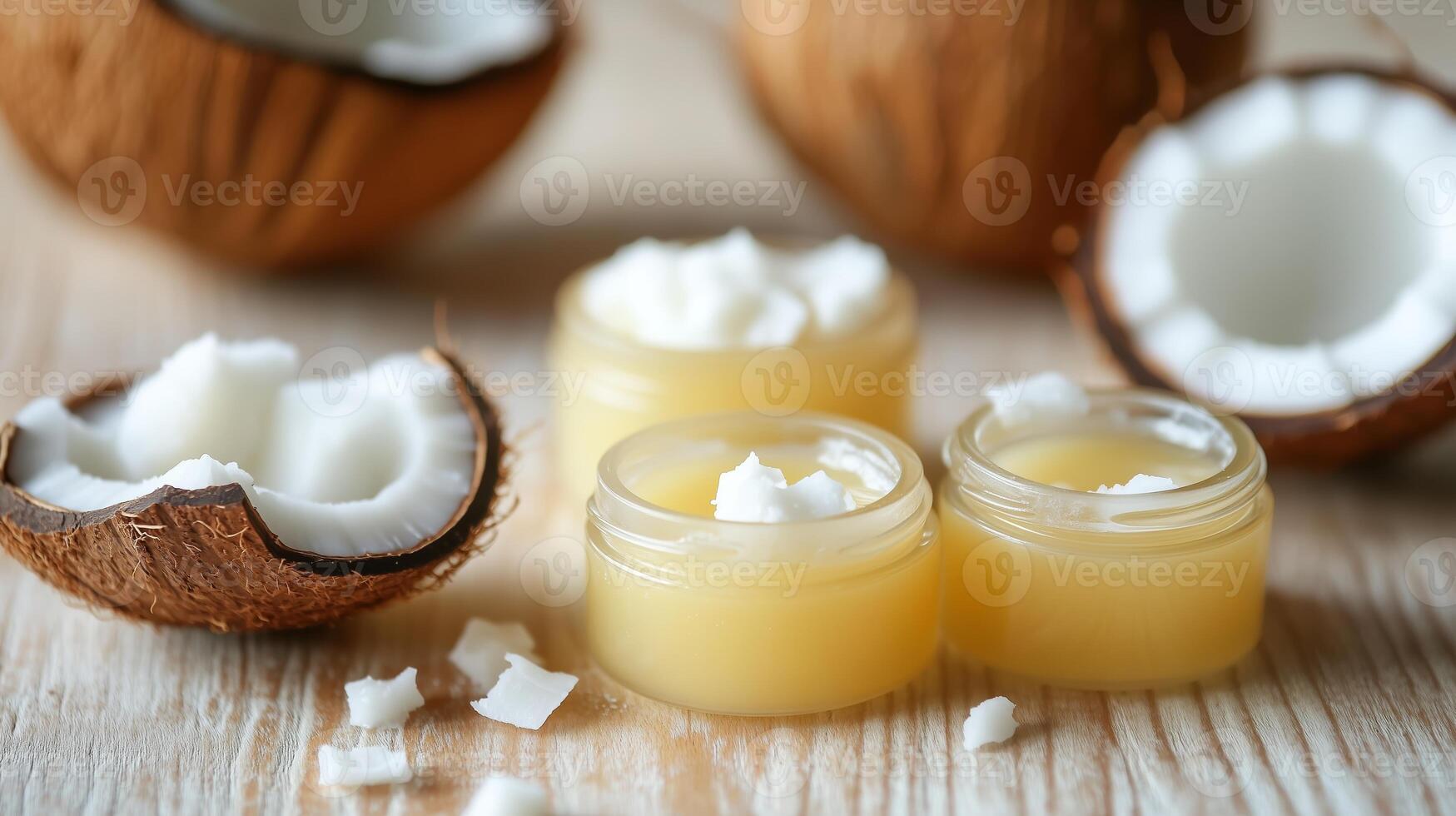 Coconut half shells with fresh coconut pieces and jars of natural coconut oil on wooden table in a bright kitchen setting photo