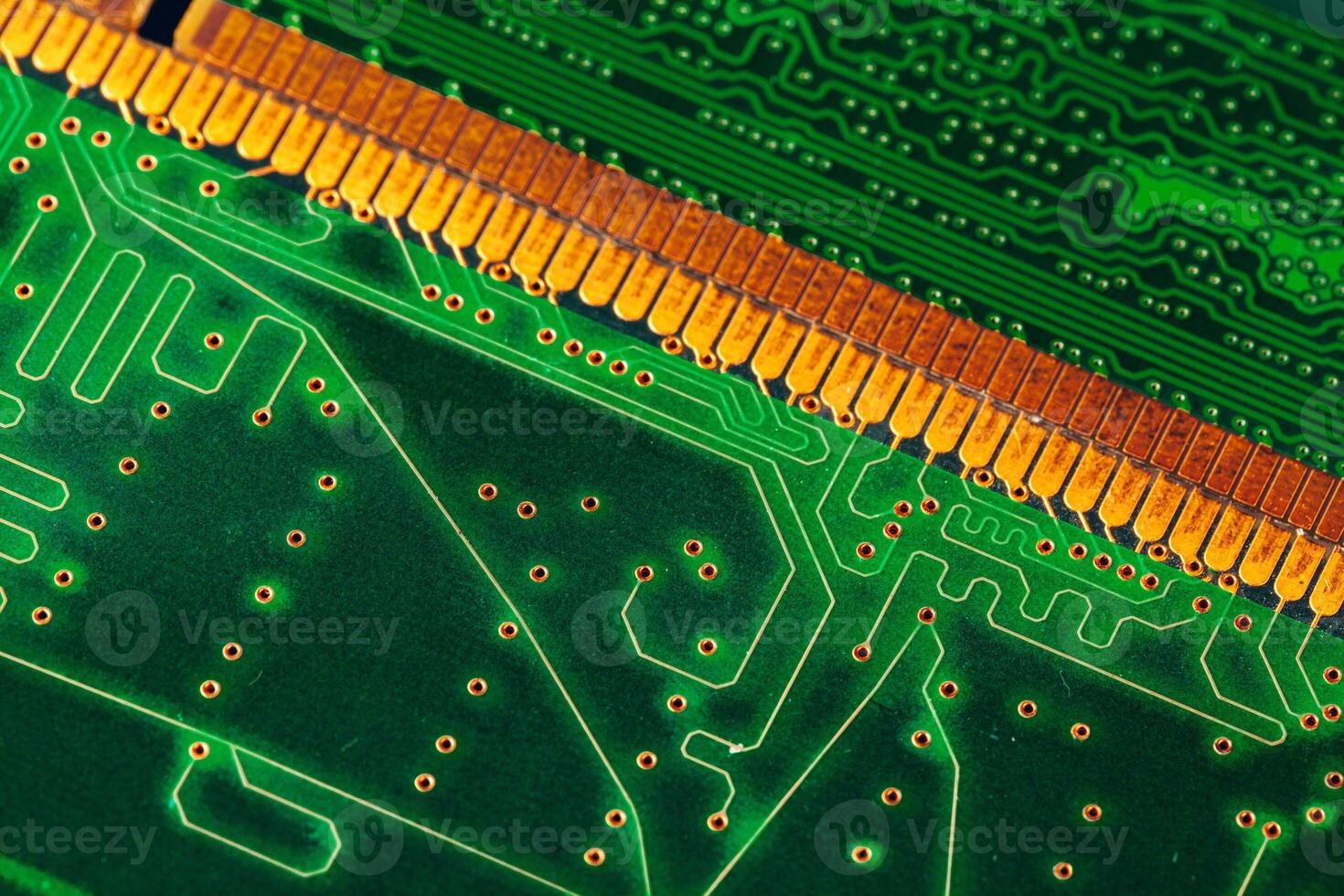 Green circuit board of a computer close up photo