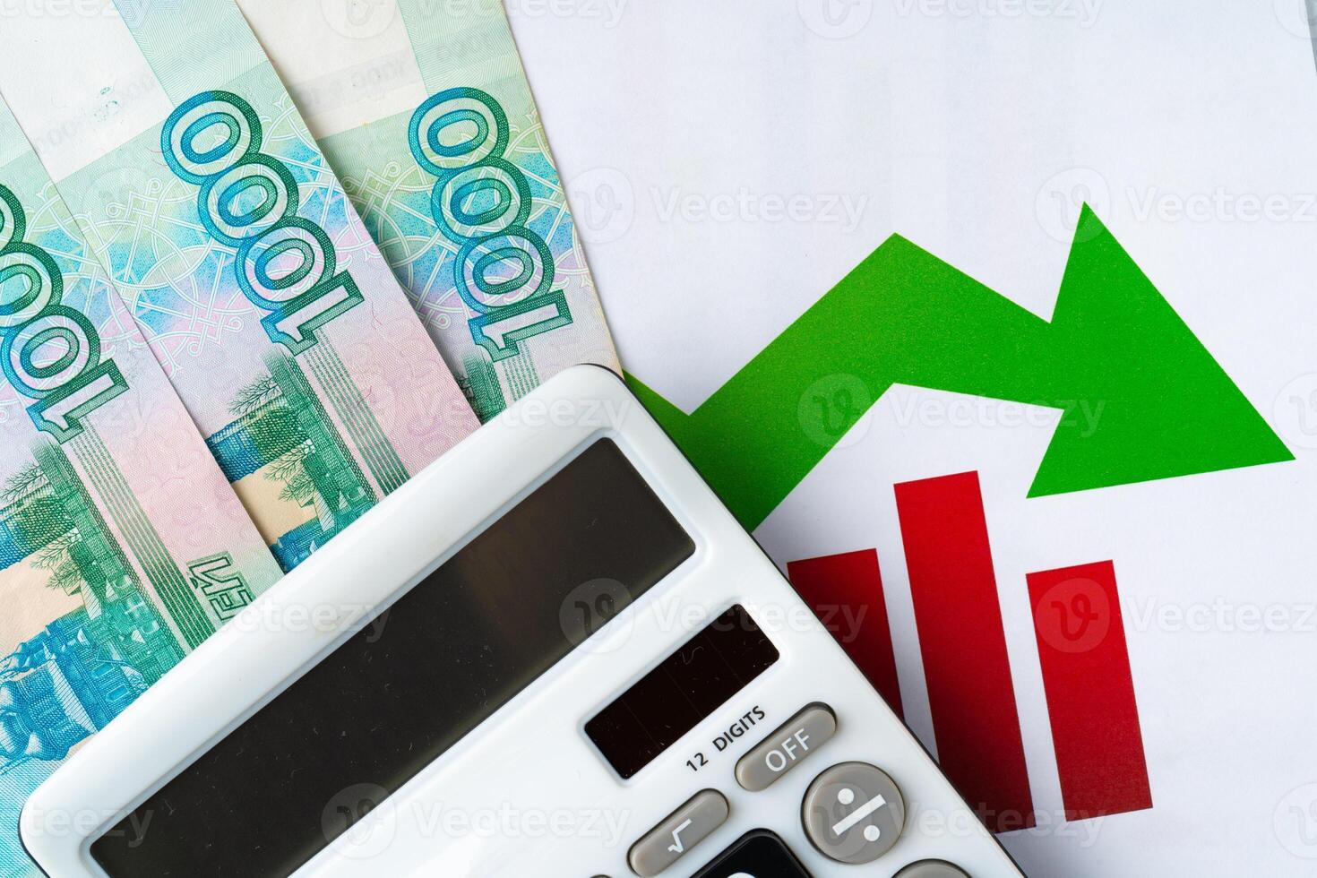 Financial chart with Russian rubles money stack with calculator. Currency appreciation concept photo
