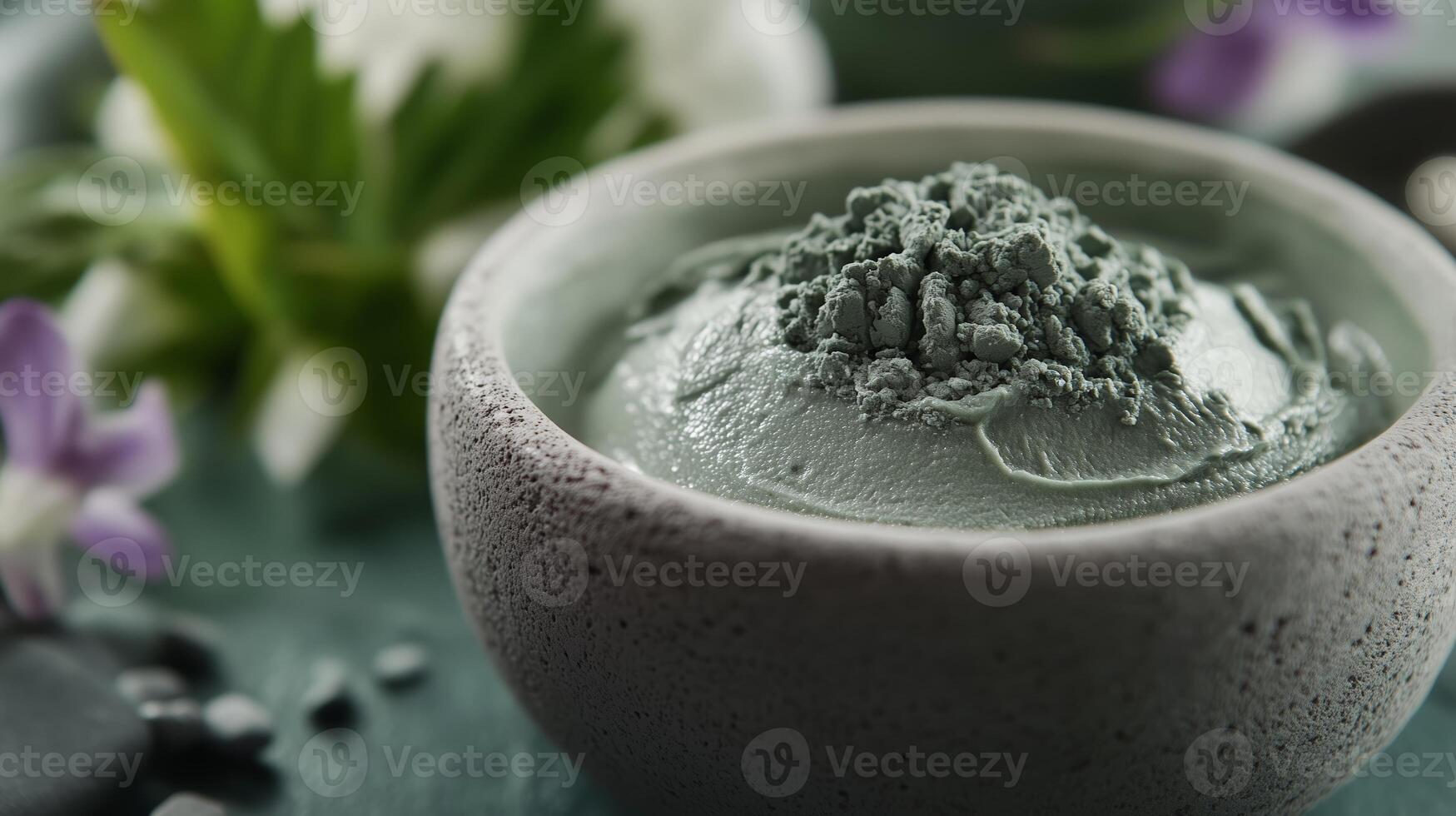 Refreshing green clay face mask in a textured bowl surrounded by herbs and flowers, capturing the essence of natural skincare photo