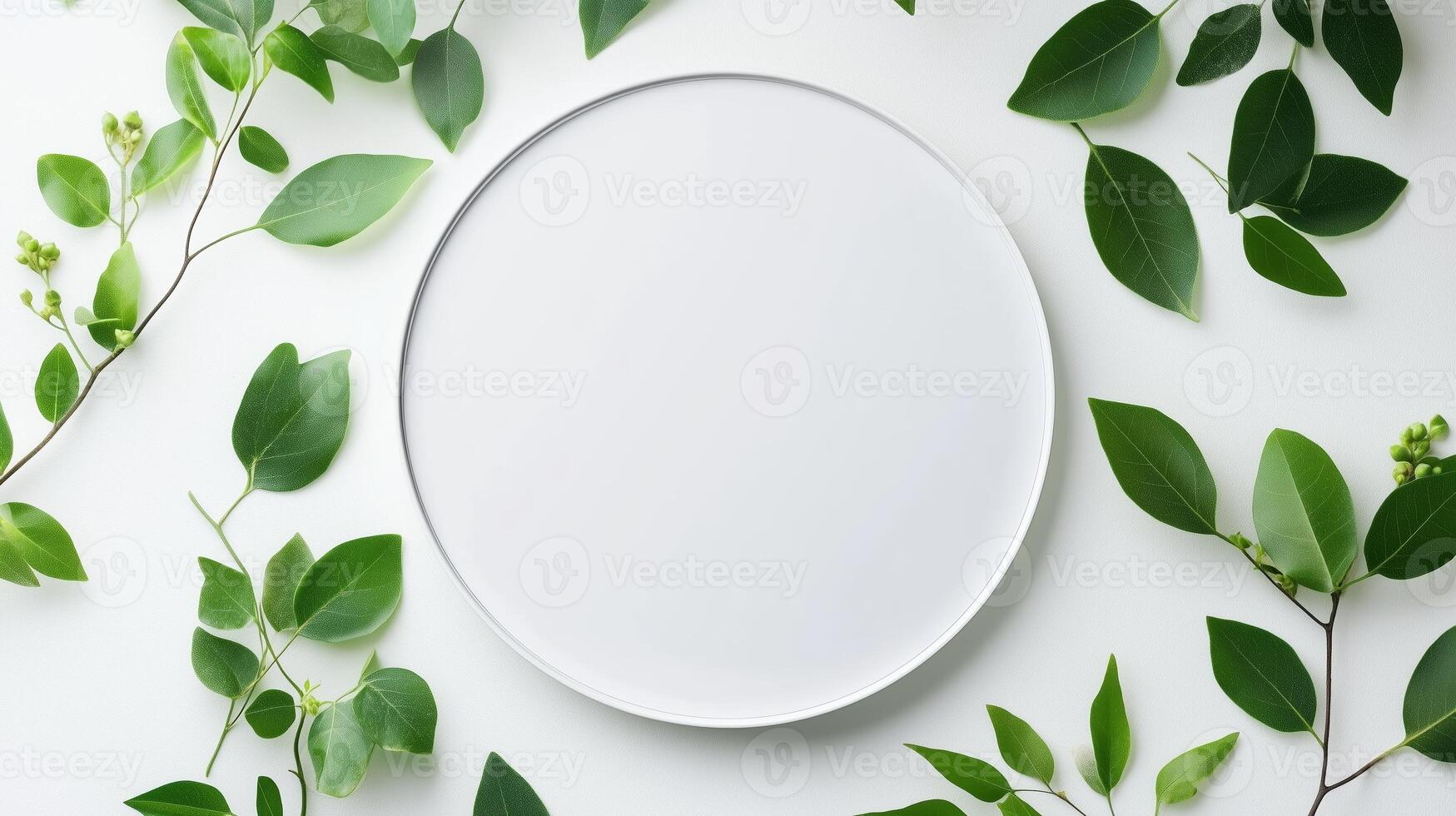 A clean, round plate surrounded by fresh green leaves on a light background in a bright, airy setting photo