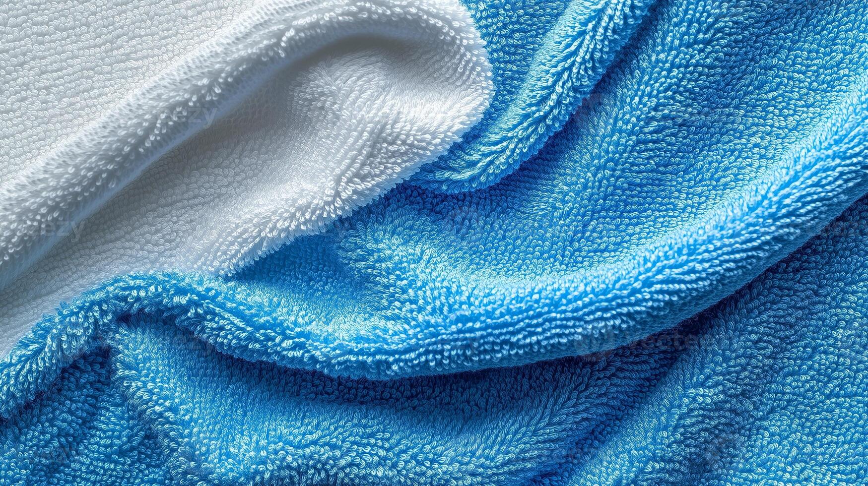 Soft white and blue microfiber towels arranged together on a surface, showcasing texture and color contrast in natural light photo