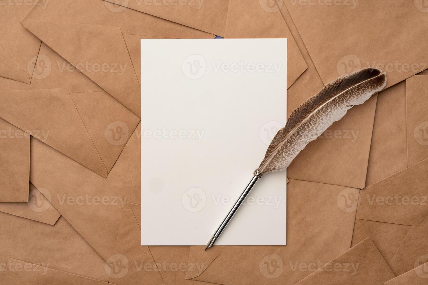Pile of blank craft envelopes on table close up photo