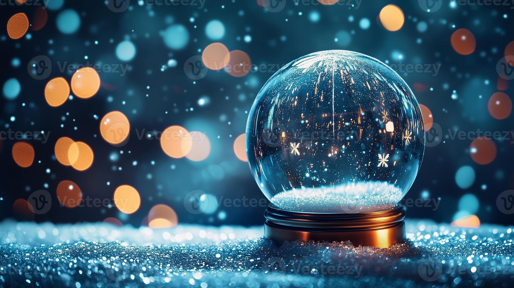A shimmering snow globe resting on a snowy surface with colorful bokeh lights in the background during a winter evening photo