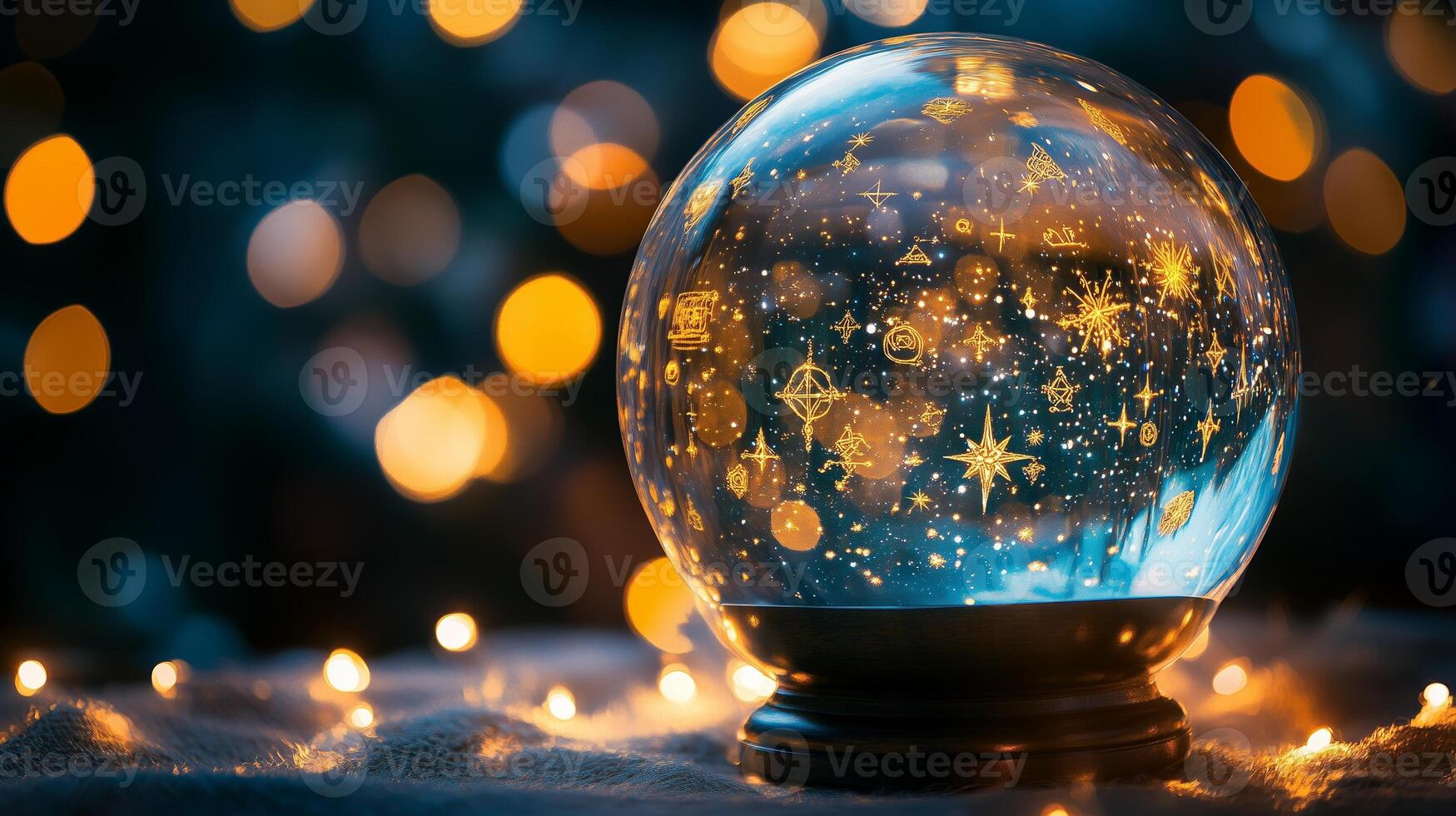 A beautifully illuminated snow globe featuring golden stars and celestial patterns, glowing warmly against a backdrop of festive lights photo