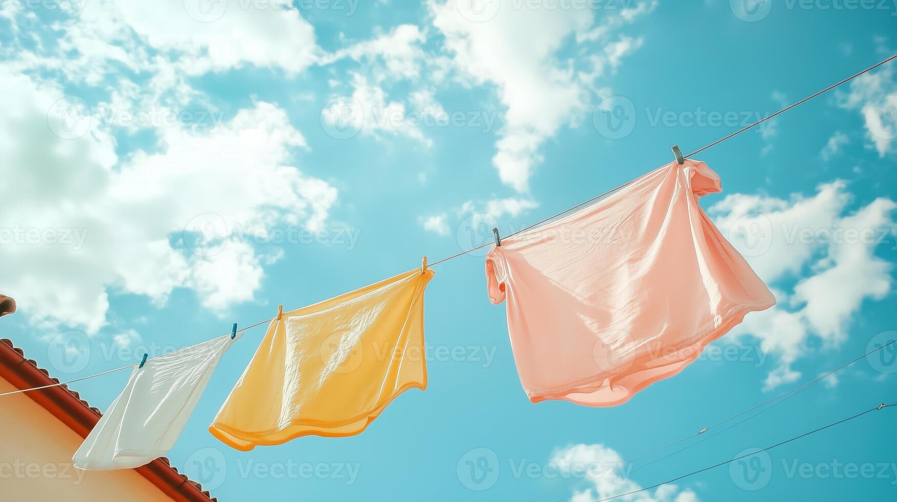 Colorful clothes drying on a line under a bright blue sky with fluffy clouds in a sunny outdoor setting photo