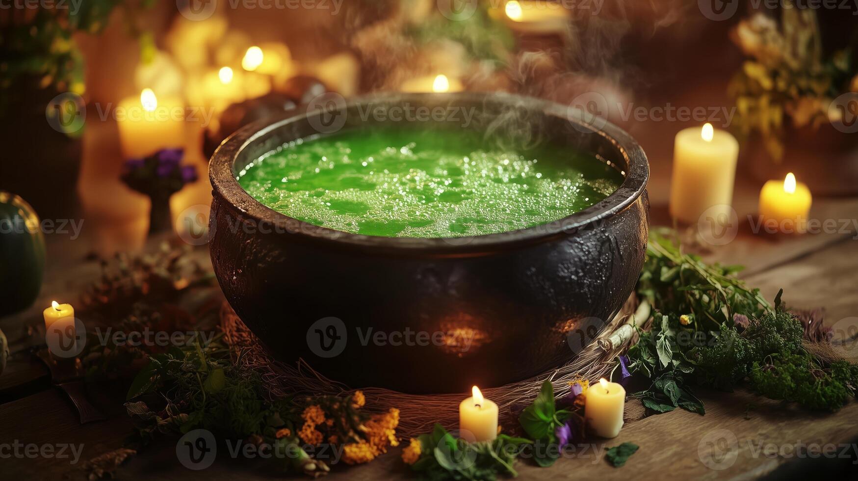 A bubbling cauldron filled with green potion surrounded by candles and herbs at a dimly lit evening gathering photo