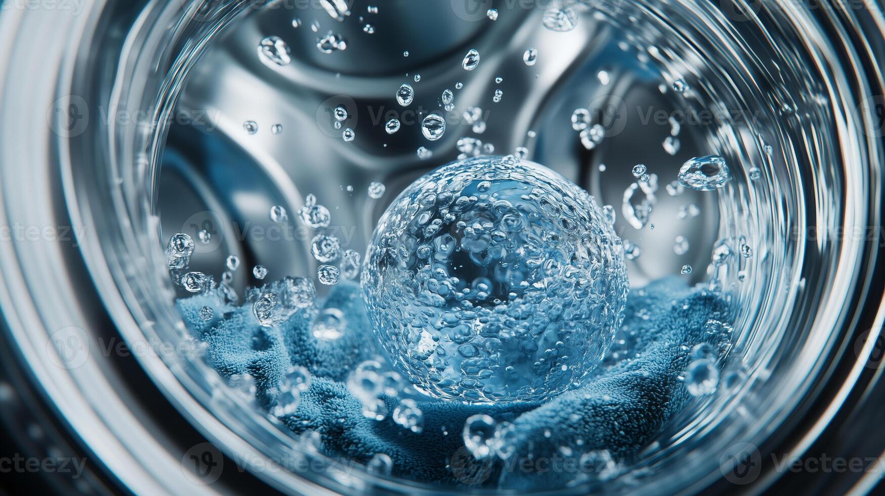 Bubbles and water swirl around a blue cloth in a washing machine during a spin cycle photo