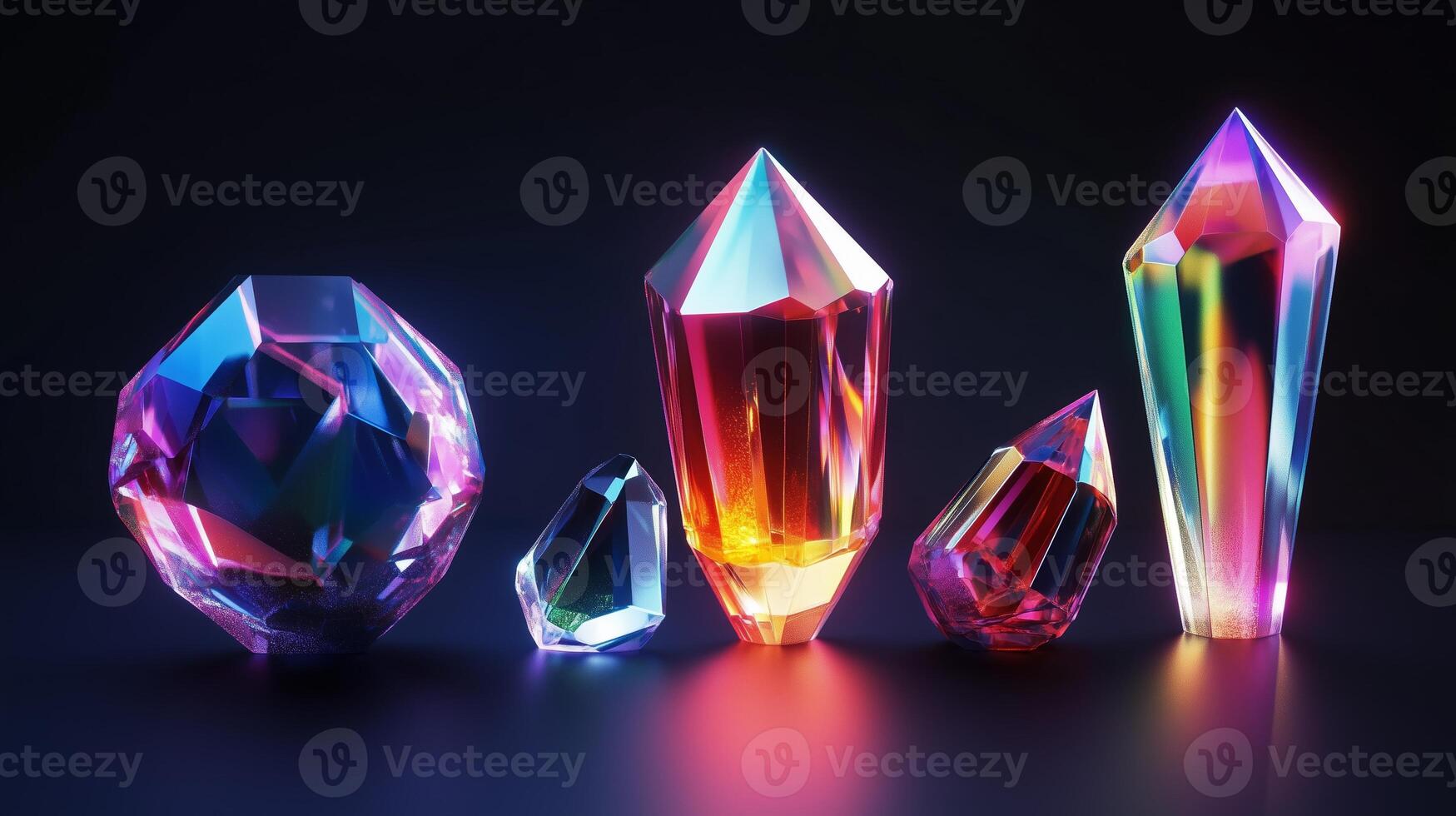 Colorful crystals displaying various shapes and sizes arranged on a dark background, reflecting light in vibrant patterns photo