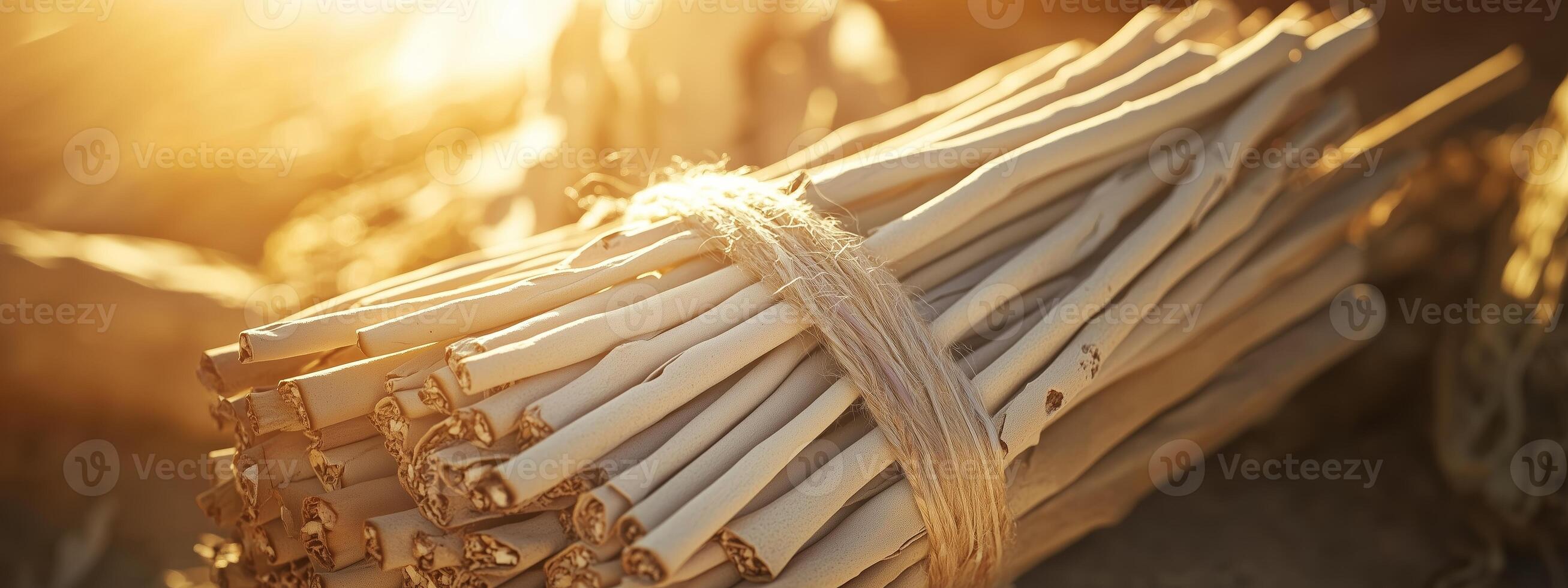 Bundle of twigs tied with twine resting on the ground during golden hour light in a natural setting photo