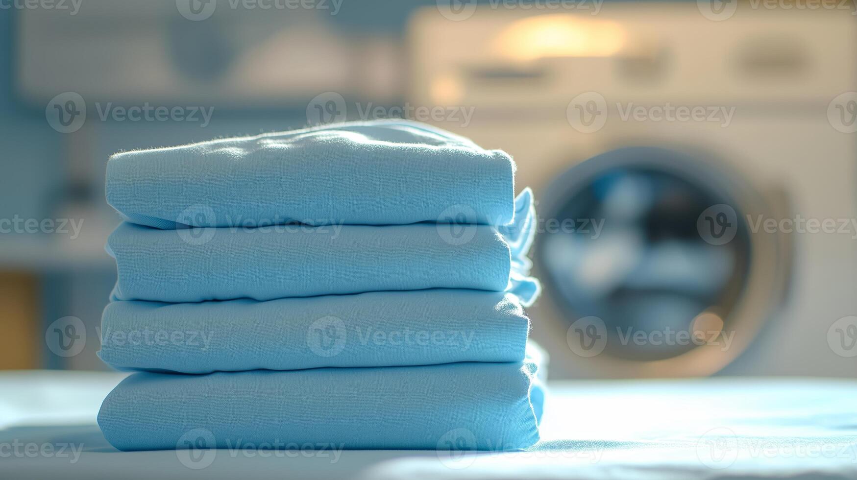 Freshly folded light blue towels neatly stacked on a table in a laundry room with a washing machine in the background photo