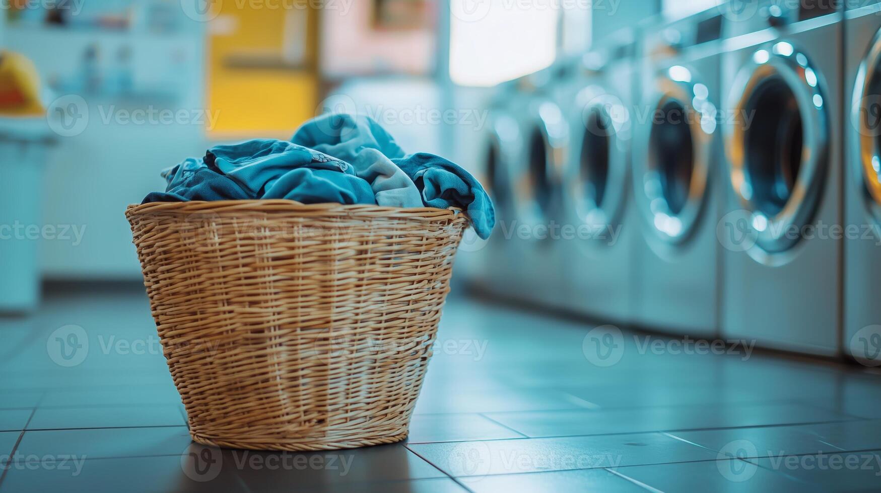 A wicker basket filled with laundry sits in a modern laundromat with washing machines ready for use during the day photo