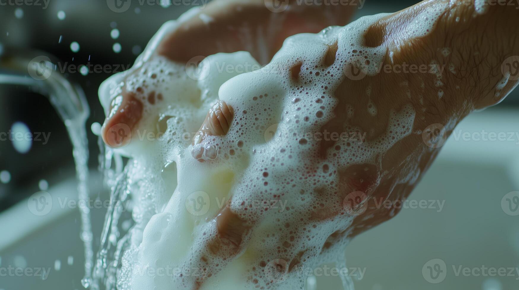 Person washing hands with soap under running water in a brightly lit kitchen sink, emphasizing hygiene practices photo