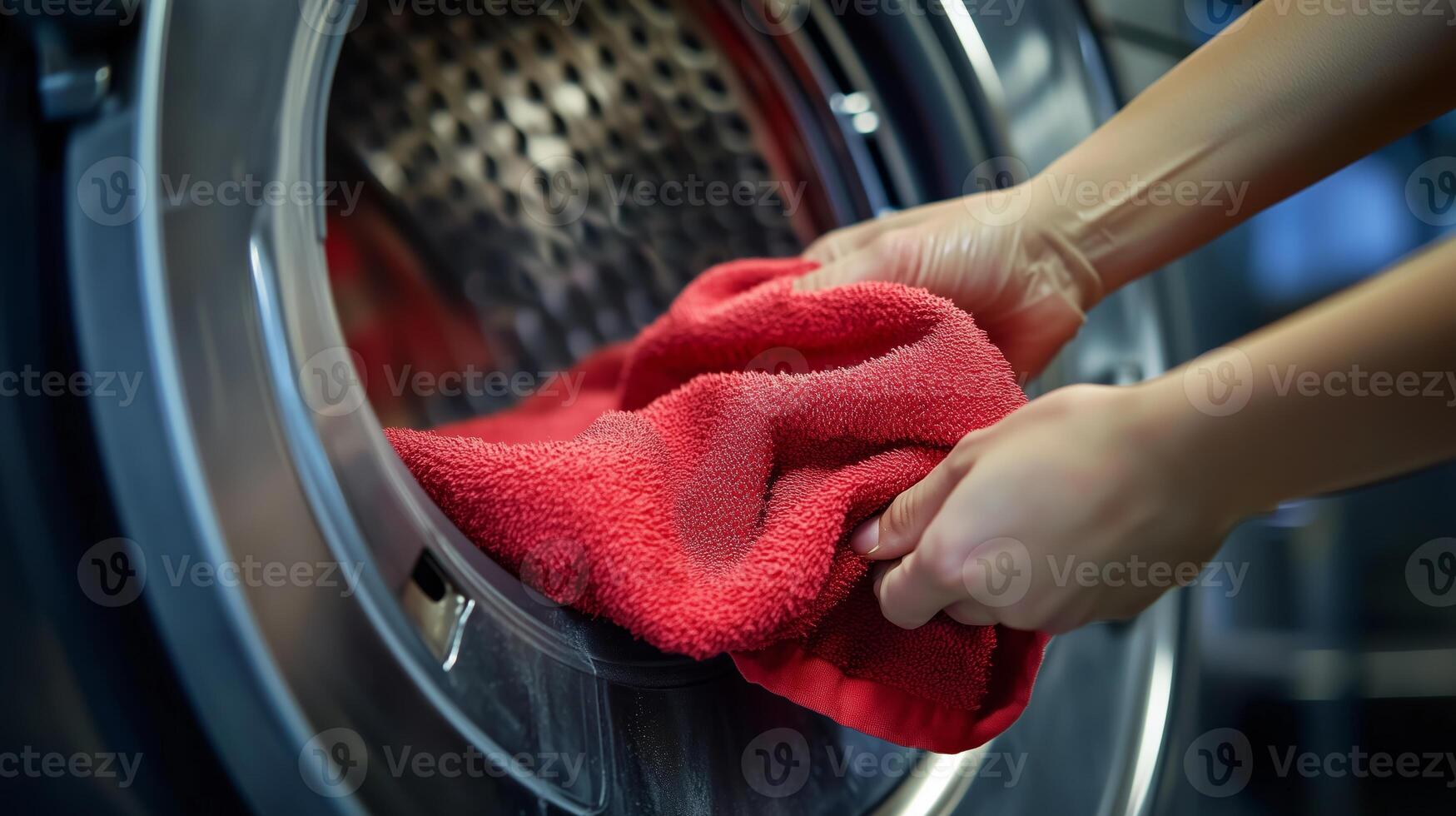 Person removing a red towel from a washing machine in a laundry room during the day, showcasing routine laundry tasks photo