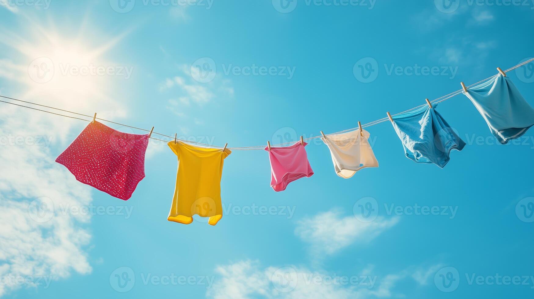 Colorful laundry drying on a clothesline under a bright sun in a clear blue sky during a warm afternoon photo