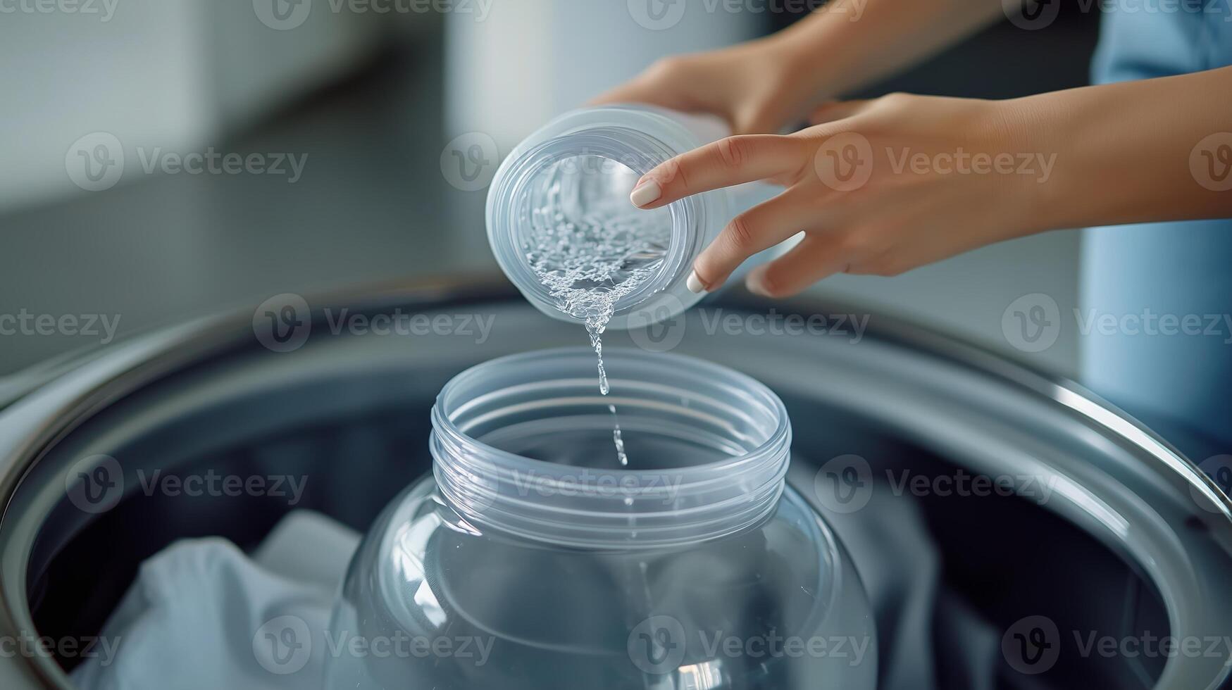 Pouring water into a large container for laundry washing on a sunny morning in a modern home photo